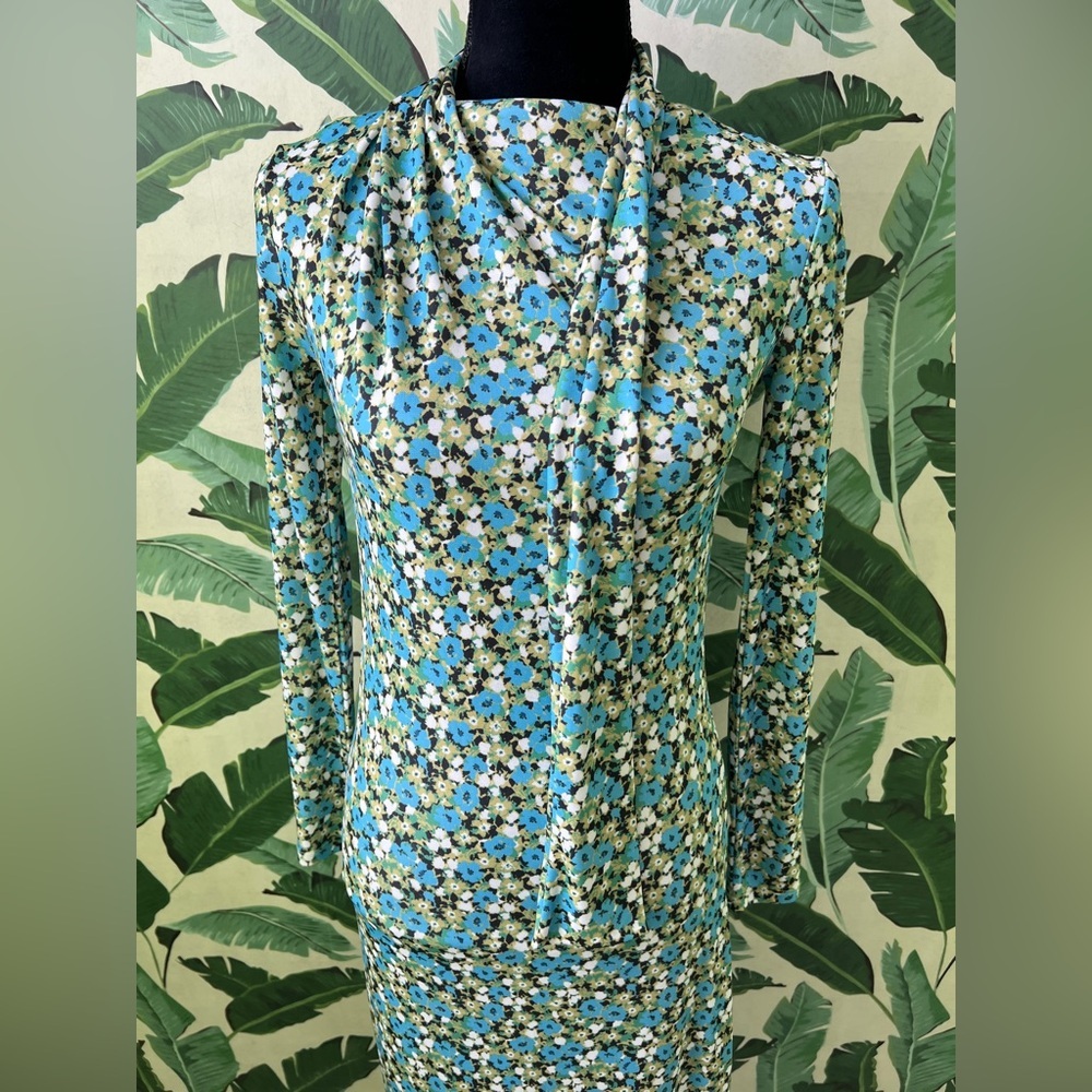 Zara green blue floral long-sleeve midi dress high neck Kentucky Derby Medium - Picture 9 of 14